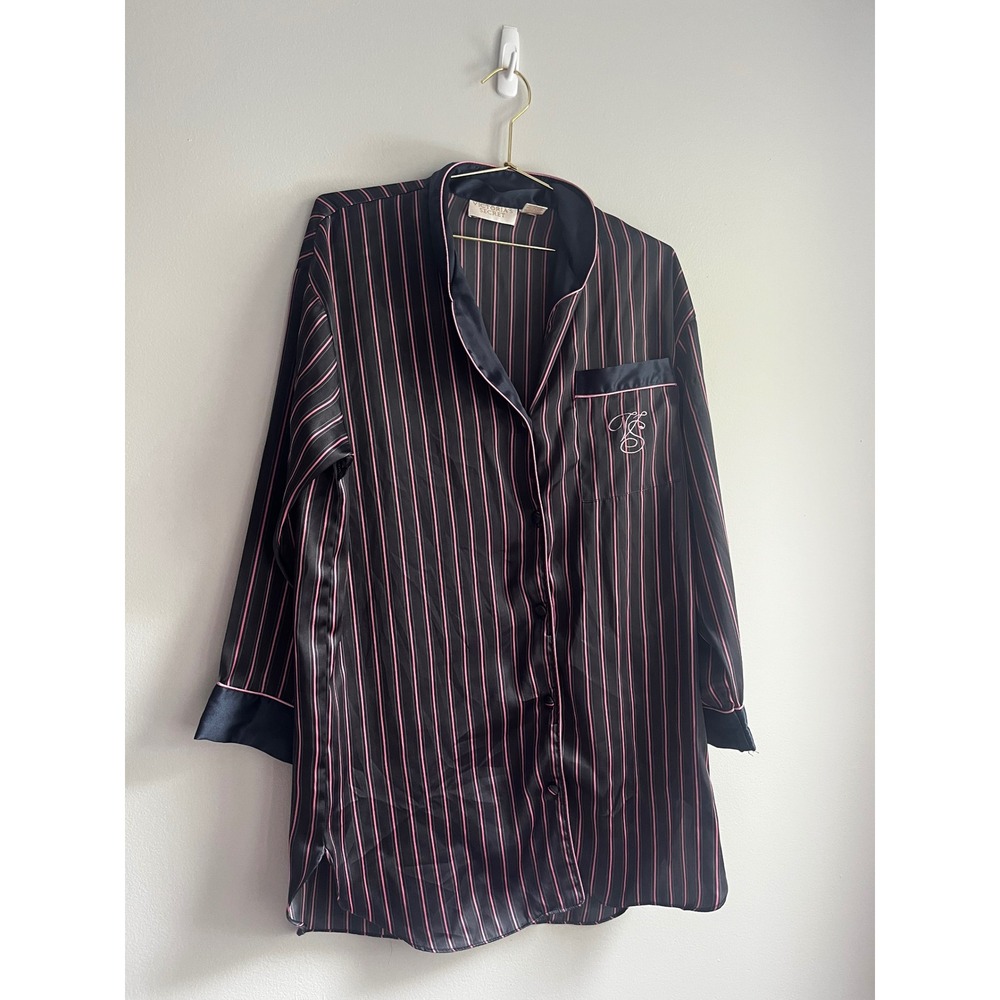 Victoria's Secret Black Pink Striped Satin Sleep Shirt Nightgown Small Button Up
